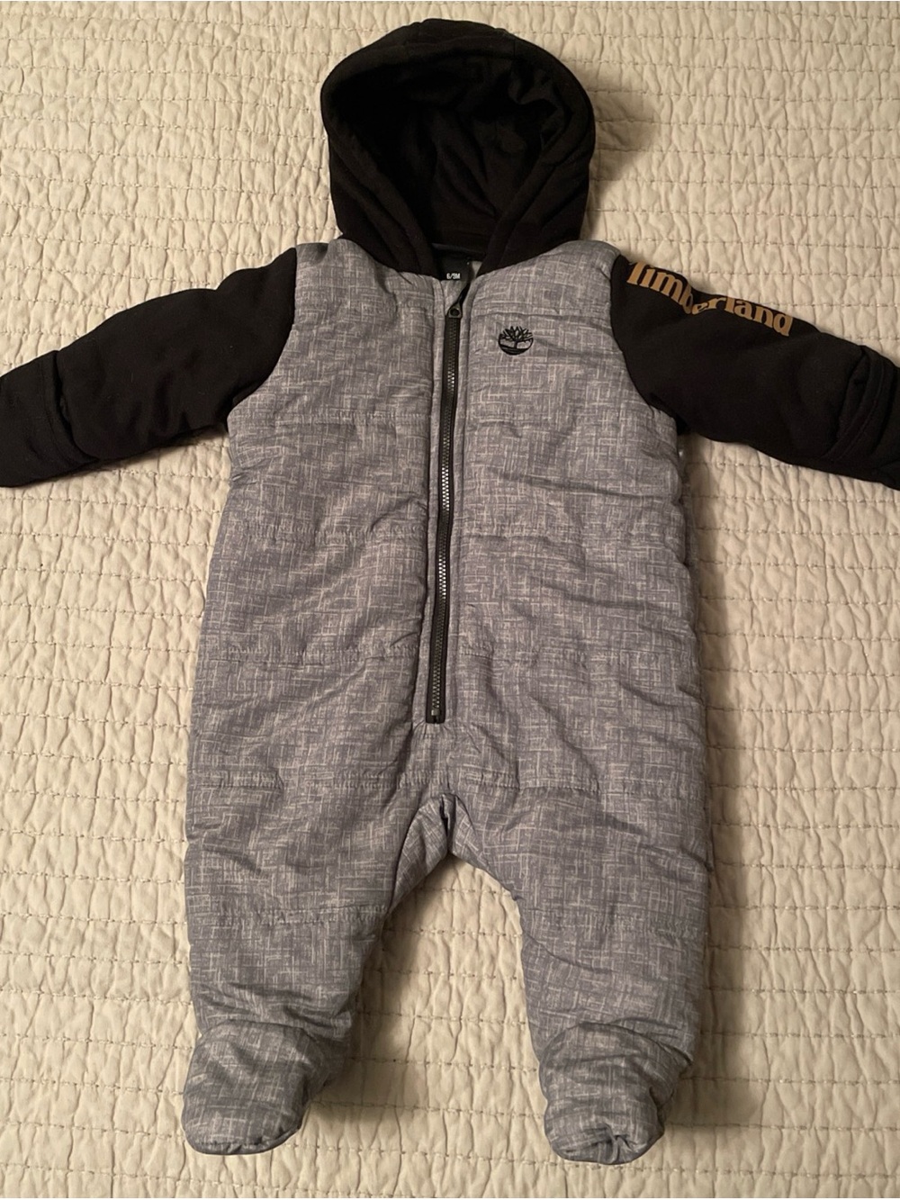 Timberland Gray Quilted Infant Hooded Snowsuit with Black Sleeves